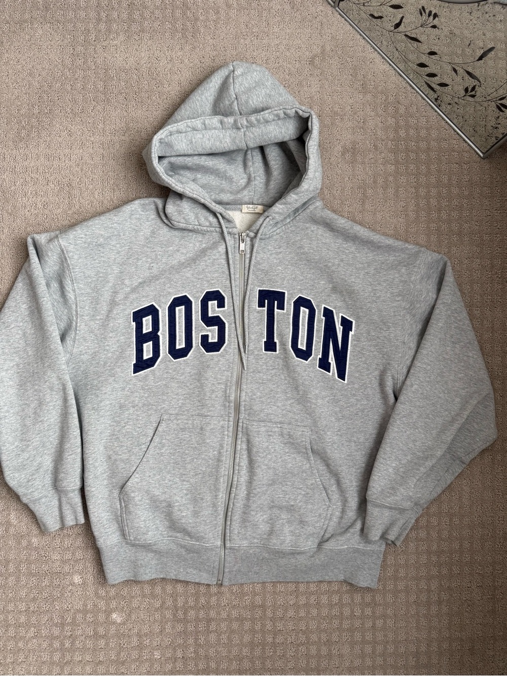 Brandy Melville Gray Zip-Up 'BOSTON' Hoodie with Navy Letters